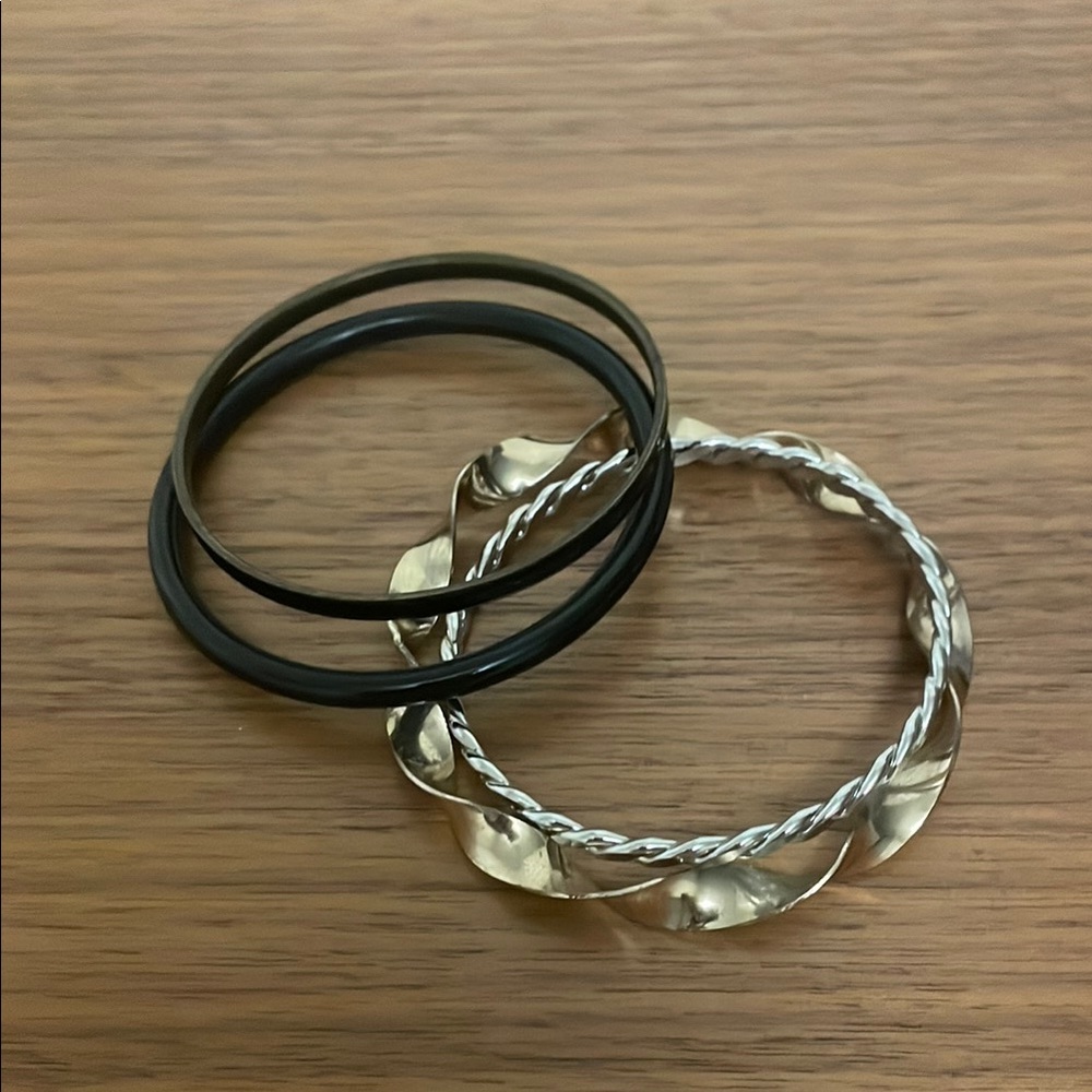 Vintage Black, Silver & Gold Tone Bangle Bracelets, 4 Total